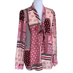 Talbots Tie Neck Button Up Top Sz S P Pink Burgundy Floral Patchwork Blouse